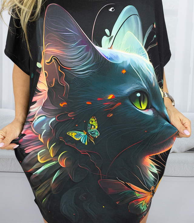 Black tunic dress with colorful print and pockets PERLA