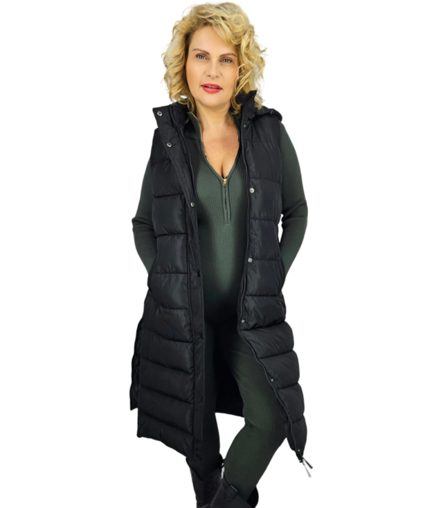 Women's long sleeveless quilted vest with hood TORI