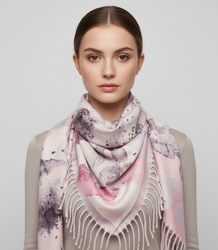 Women's scarf with watercolor delicate pattern and tassels