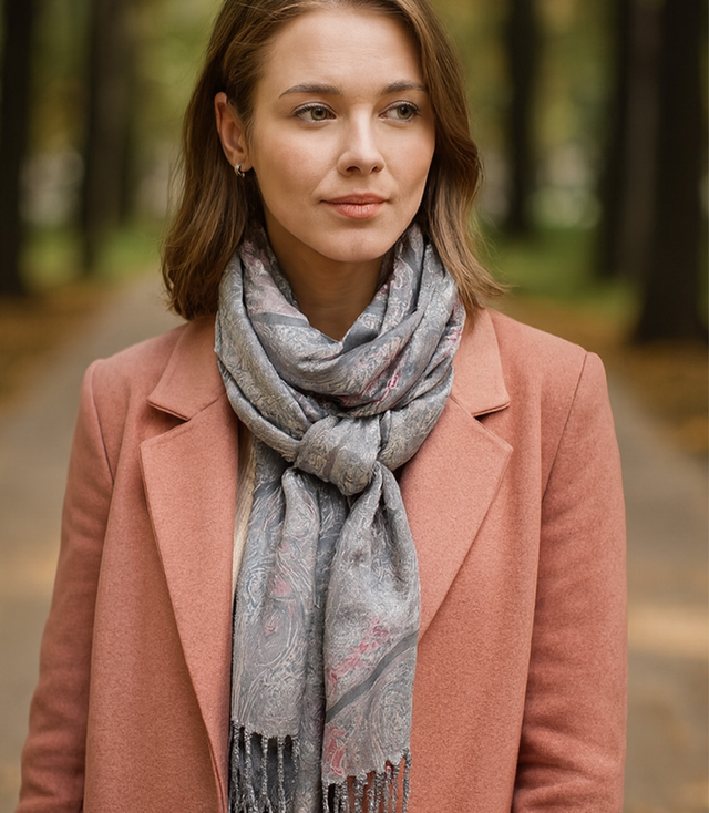 Women's scarf with a motif of small flowers tassels