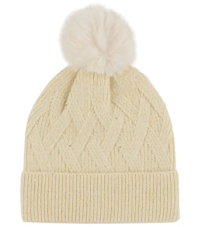 Warm women's beanie with pompon winter autumn with zircons one-color