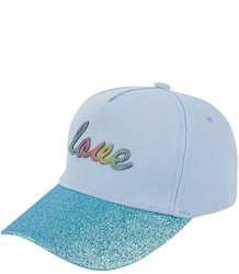 Children's baseball cap decorated with glitter and the word LOVE