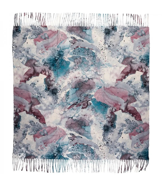 Women's scarf with watercolor delicate pattern and tassels