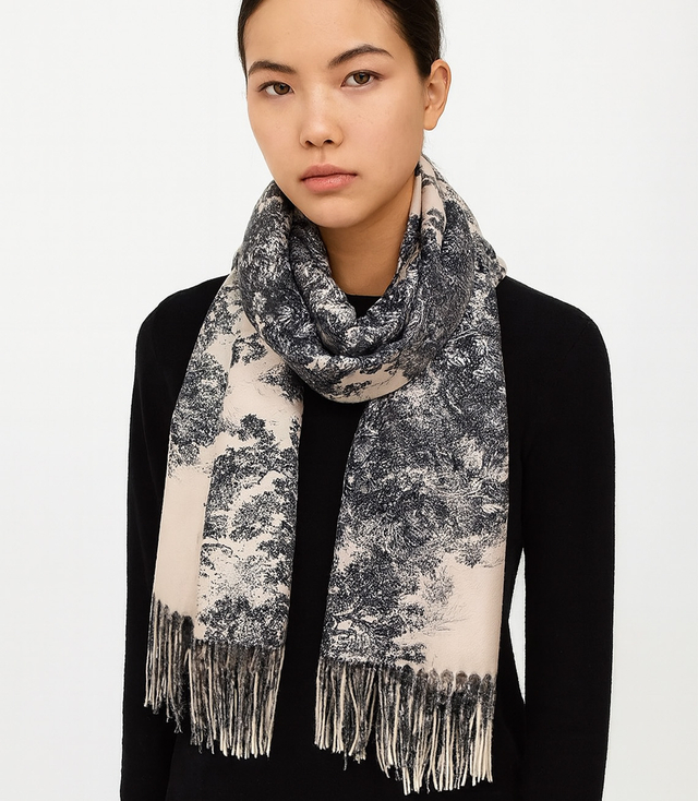 Women's scarf with floral motif and tassels elegant