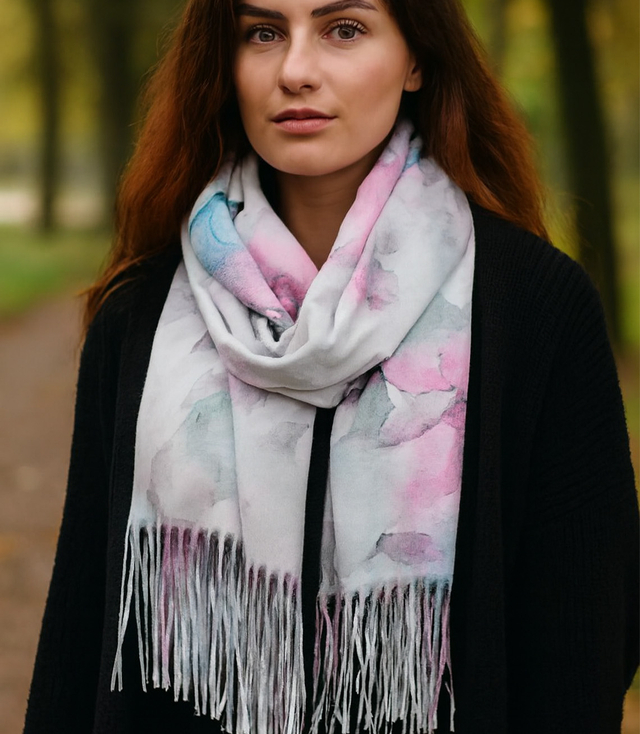 Women's scarf with floral motif and tassels elegant