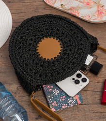 Round braided boho handbag with long strap