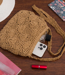 Braided boho handbag with long strap shell pattern