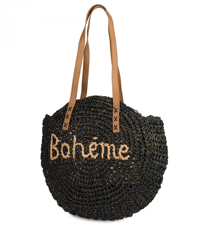 Okrągła torebka boho z plecionki z napisem „Bohème”