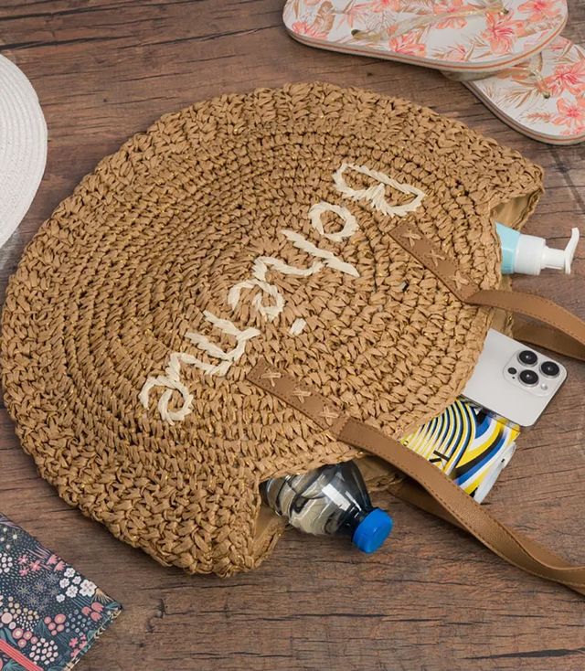 Round braided boho handbag with "Bohème" lettering