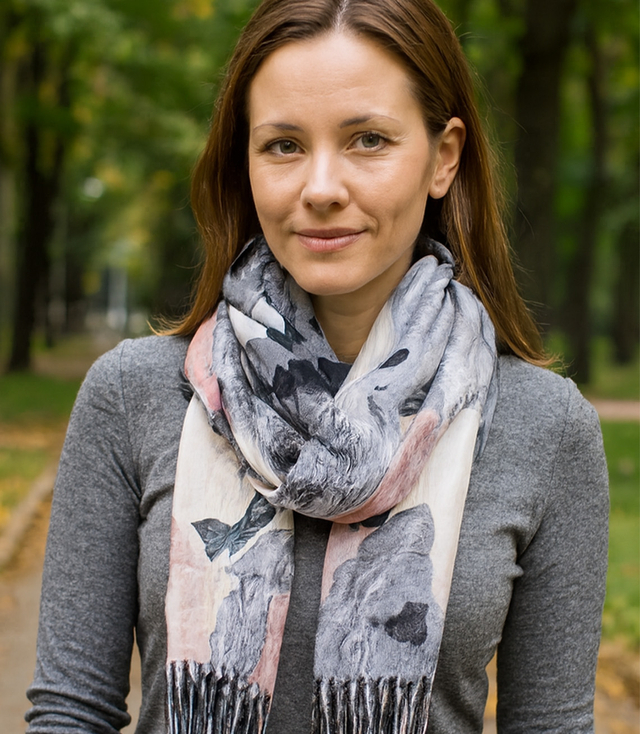 Women's scarf with floral motif and tassels elegant