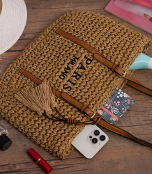 Braided boho handbag with tassels and lettering PARIS MILANO