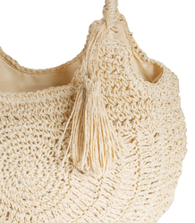 Large round straw beach bag, fully woven