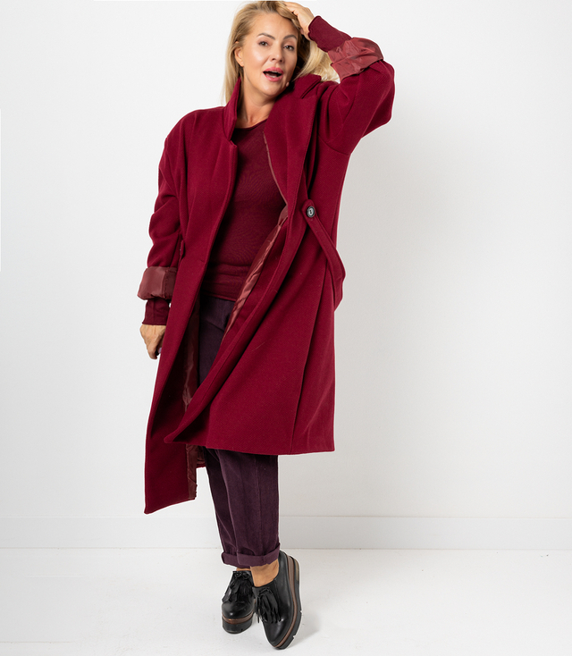 Women's long oversize coat with decorative belt KASIA