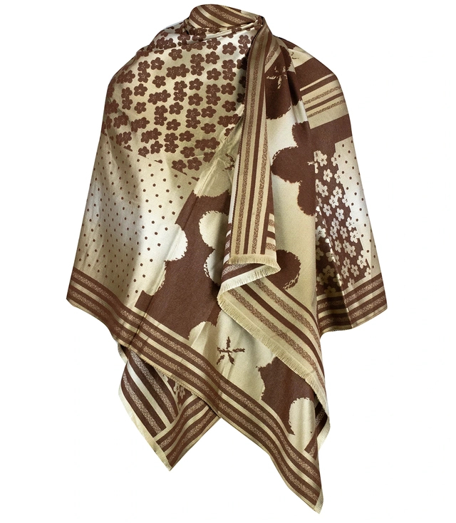 Elegant double-sided scarf with gold thread and floral pattern