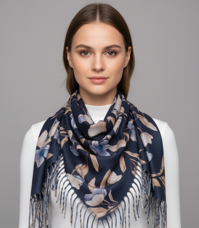 Elegancka kwiatowa chusta szal szalik z frędzlami