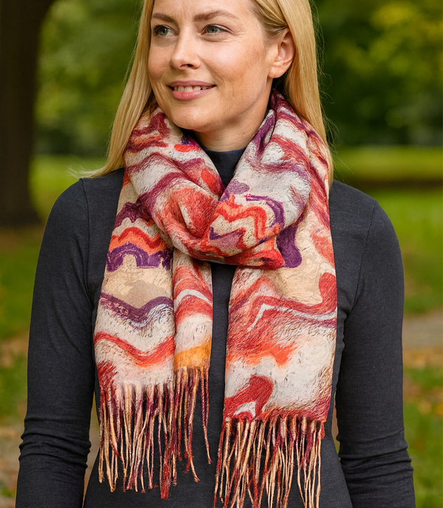 Women's scarf with geometric motif tassels