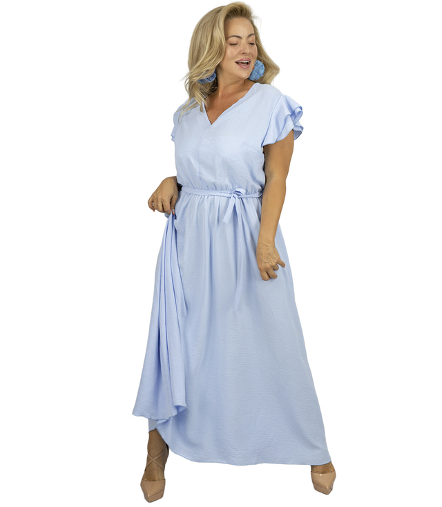 Long dress tied at the waist with short sleeves with frill CELINA