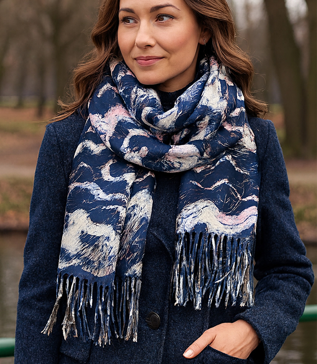 Women's scarf with geometric motif tassels