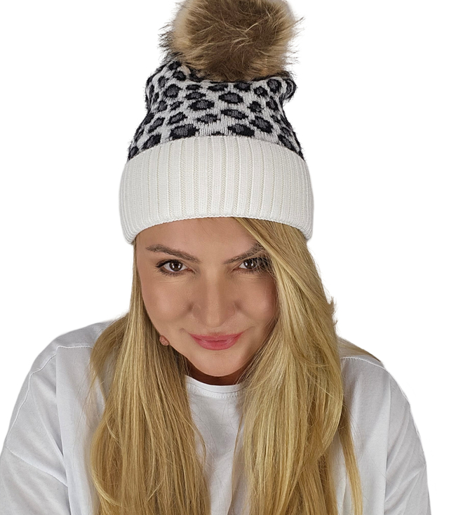 Warm women's cap with pompom autumn winter leopard spots