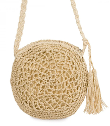 Round small summer shoulder bag made of paper raffia