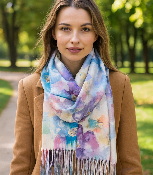 Women's scarf with floral motif and tassels elegant