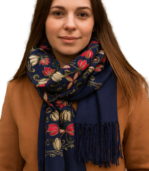 Women's scarf with embroidered pattern and tassels