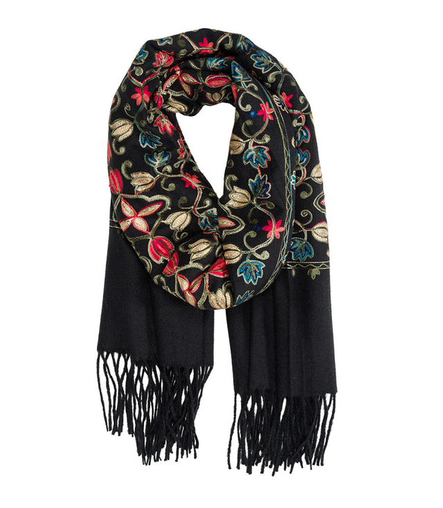 Women's scarf with embroidered pattern and tassels