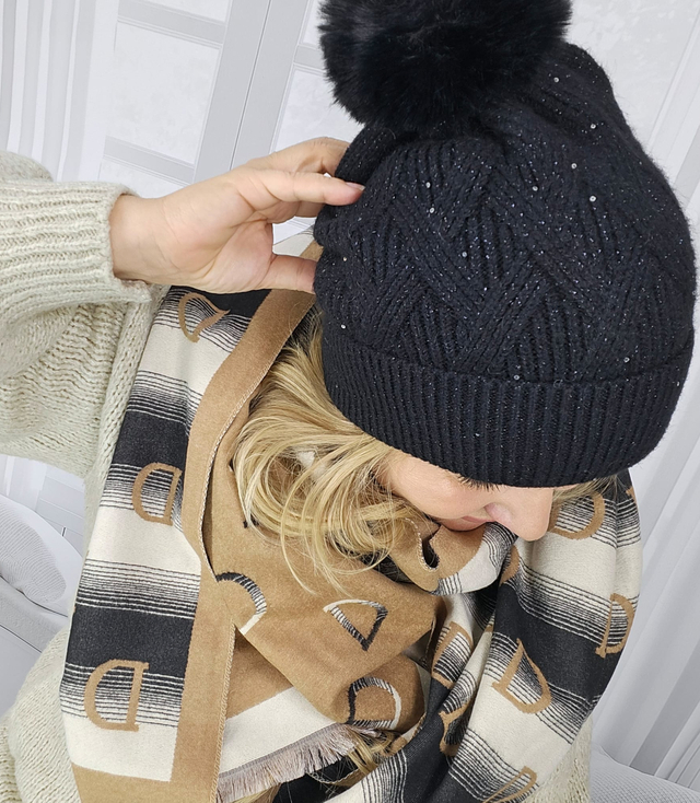 Warm women's beanie with pompon winter autumn with zircons one-color