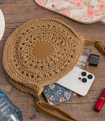 Round braided boho handbag with long strap