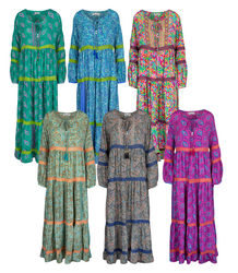 Long, airy ethnic dress with colorful patterns, MILANO silk