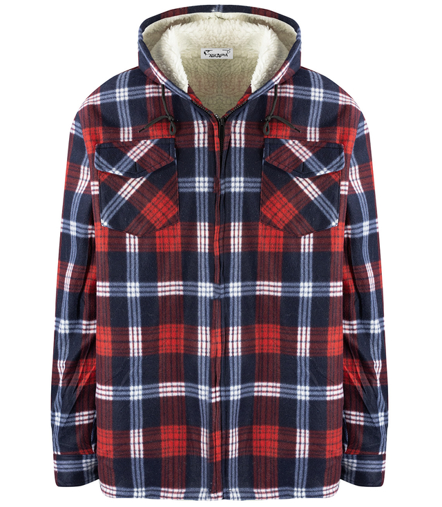 Warm fleece men's plaid shirt with hood insulated with faux fur