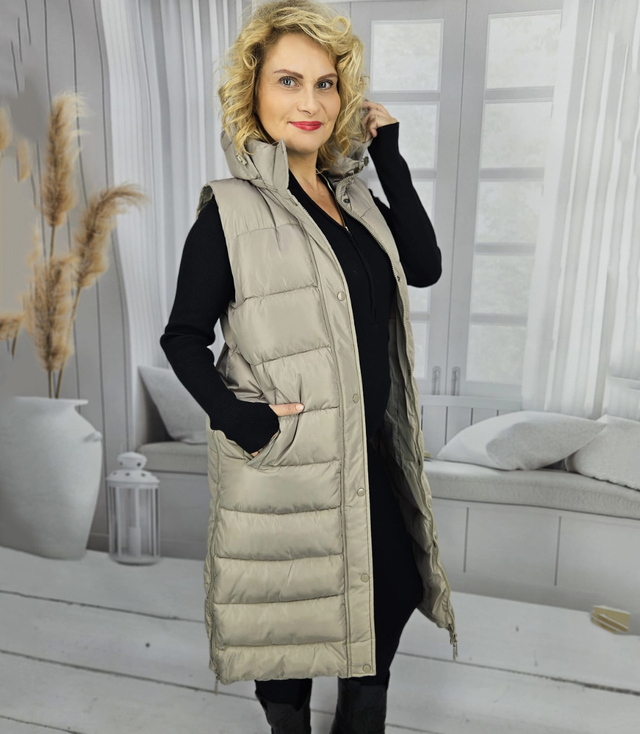 Women's long sleeveless quilted vest with hood TORI