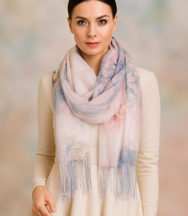 Klasyczny wiosenny szal z rozmytymi kwiatami 180x70