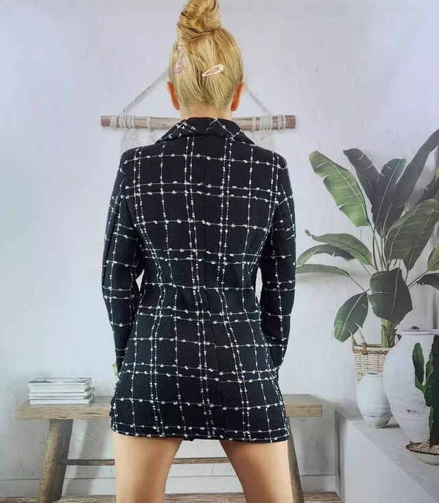 Women's double-breasted long tweed plaid jacket