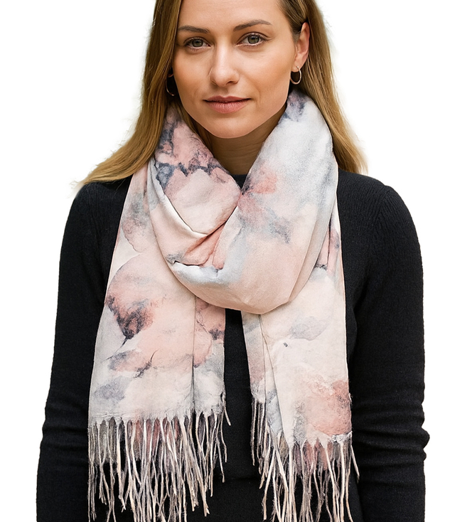 Women's scarf with floral motif and tassels elegant