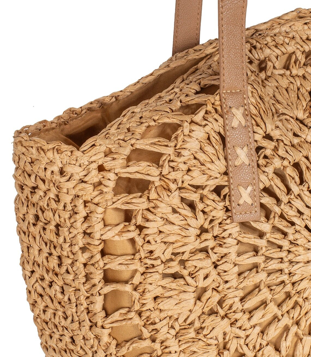 Large round straw beach bag, woven with an openwork pattern