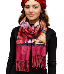 Women's scarf with abstract motif tassels