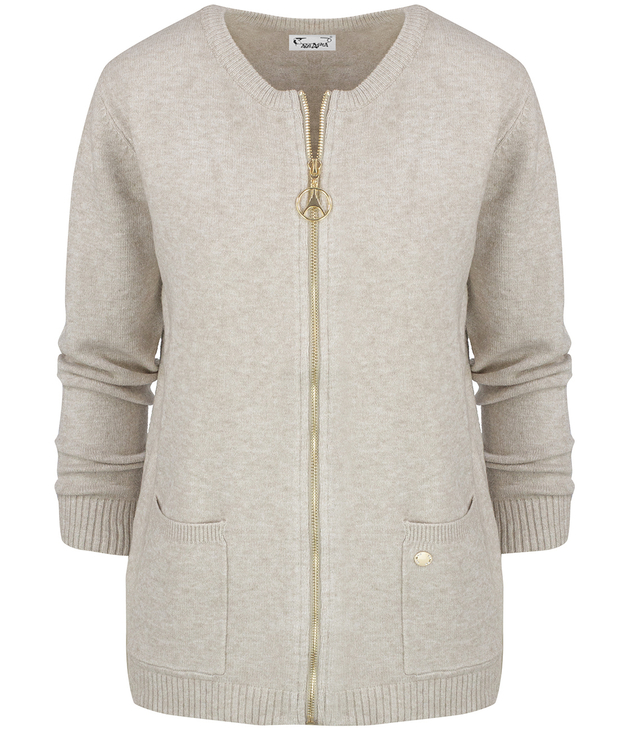 MARABELA classic short sweater cardigan with gold zipper closure