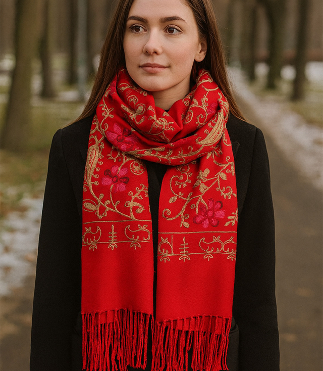 Women's folklore scarf with flower motif and tassels