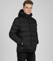 Warm men's quilted winter jacket with hood 