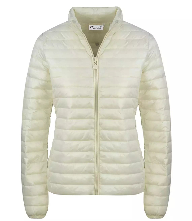 Short transitional quilted jacket with a stand-up collar