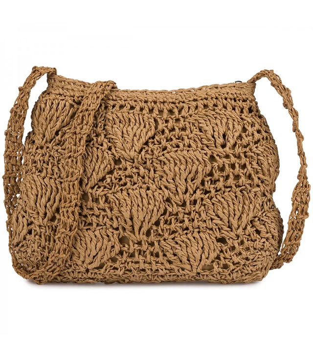 Braided boho handbag with long strap shell pattern