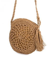 Round small summer shoulder bag made of paper raffia