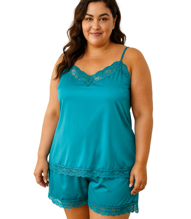 Satin pajama set with lace shorts top petticoat