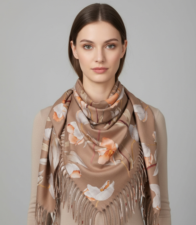 Elegant floral shawl scarf with tassels