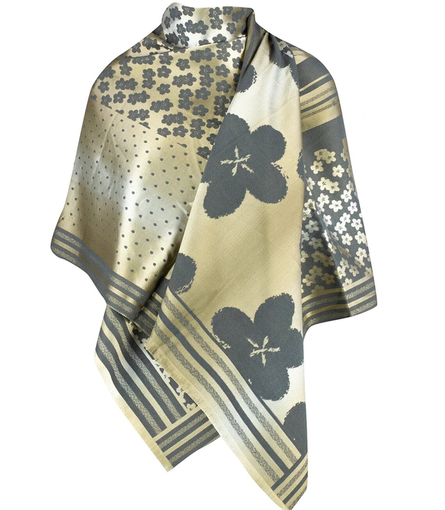 Elegant double-sided scarf with gold thread and floral pattern