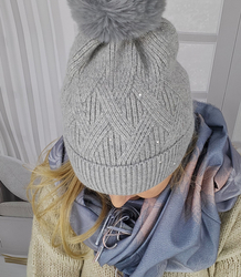 Warm women's beanie with pompon winter autumn with zircons one-color