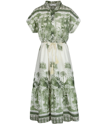 Midi safari print summer dress with a stand-up collar and a NEL belt