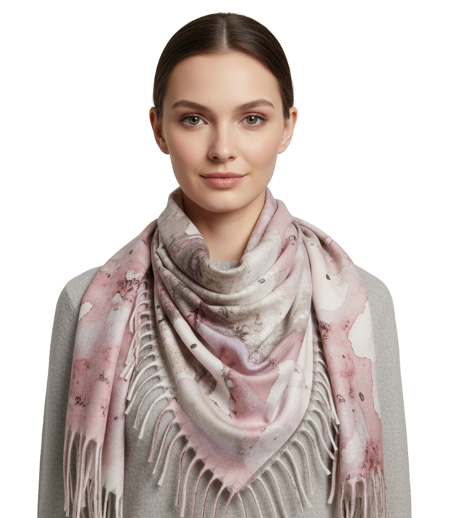Women's scarf with watercolor delicate pattern and tassels