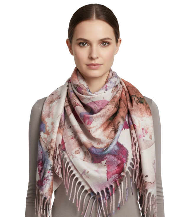 Women's scarf with watercolor delicate pattern and tassels
